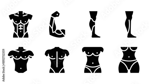 Minimalist human anatomy icons - silhouette style illustrations of muscle and body parts