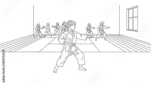 Karate class line art with students practicing in dojo setting