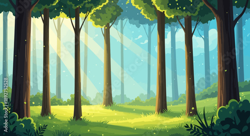 Tall Trees in Forest Landscape Scene.