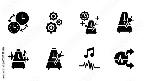 Monochrome icon set featuring metronome, clock, gear, music note, and pulse symbols