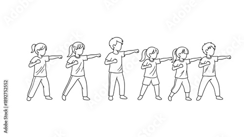Linear art of children practicing martial arts with punches