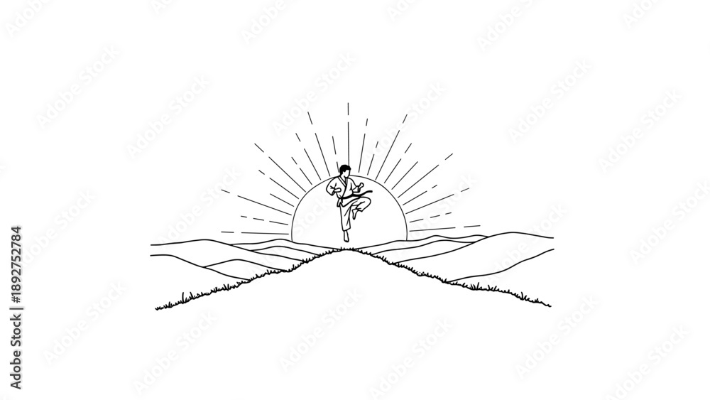 Fototapeta premium Martial artist in dynamic pose with radiating sun and mountain landscape in minimalist style
