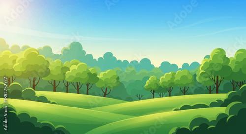 Green Trees in Rolling Hills Landscape.