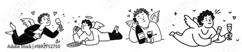 Hand drawn valentine cupid cherub doodle illustrations with hearts wine and pizza for love and romance themes