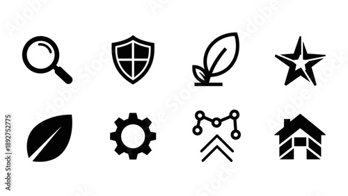 Minimalist icon set featuring leaf, security shield, and graph elements