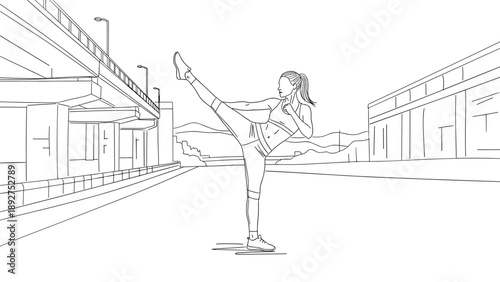 Urban fitness scene: woman kicking in linear style under overpass