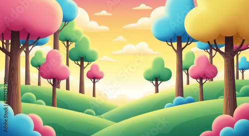Colorful Trees in Vibrant Landscape Scene.
