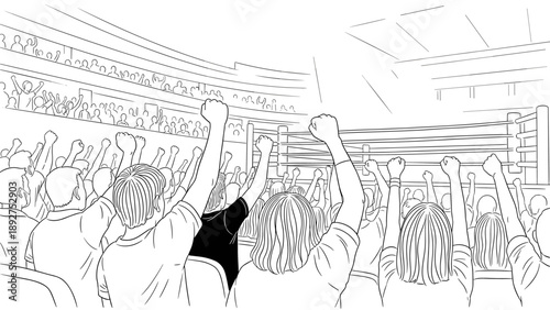 Crowd cheering at boxing arena with raised fists in linear style