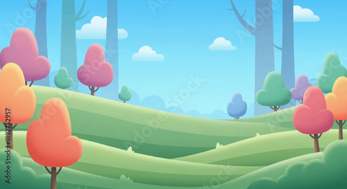 Colorful Trees in Cartoon Landscape Scene.