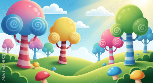 Colorful Cartoon Trees with Spiral Patterns.