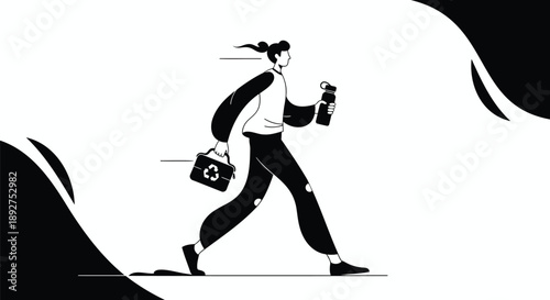 Woman walks briskly with reusable bag and water bottle in hand on modern abstract background