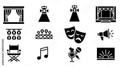 Theater icon set featuring silhouettes of stage, mask, microphone, and more