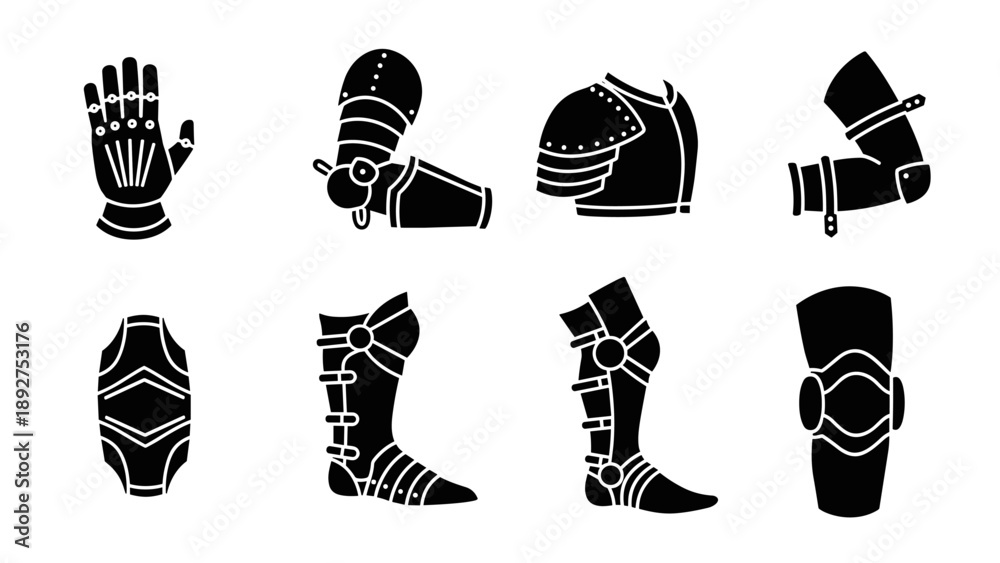 Fototapeta premium Medieval armor silhouettes: gauntlet, cuirass, greaves, and pauldron collection
