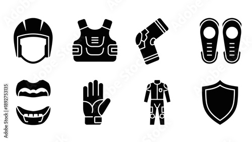 Set of motorcycle rider black silhouette gear icons for safety and protection