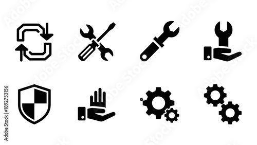 Comprehensive set of repair and maintenance icons in black silhouette style
