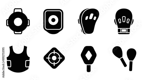 Collection of martial arts silhouette icons featuring gear and equipment