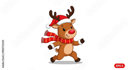 Cartoon Reindeer Wearing Santa Hat and Scarf.