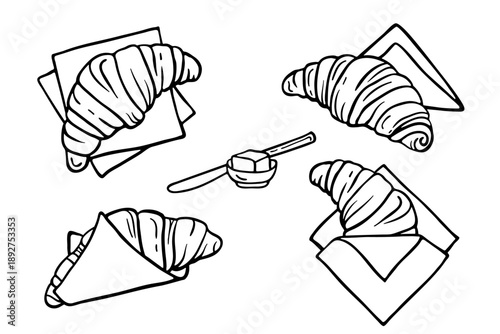 Hand drawn croissant and napkin, line doodle sketch isolated on white. Croissant lying on napkin and wrapped in paper napkin, different compositions. Black and white outline drawing. Vector clipart.