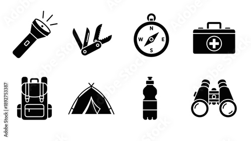 Outdoor adventure essentials silhouettes: camping gear and tools