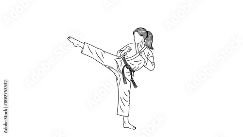 Female martial artist in high kick pose with karategi and black belt