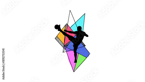 Silhouette of soccer player kicking ball with geometric abstract background
