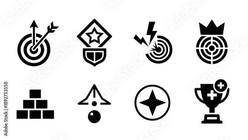 Black and white symbol set with arrow, shields, and prize icons