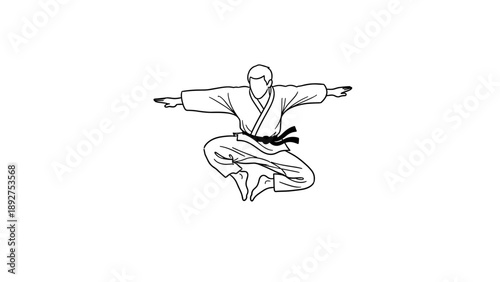 Karate master in mid-air jump with black belt in minimalist line art