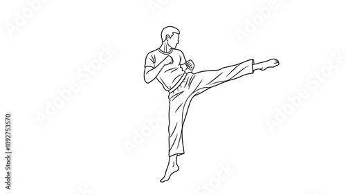 Martial artist performing high kick in dynamic line art on white background