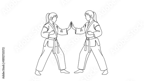 Line drawing of two female martial artists facing off in karate stance