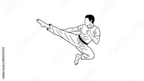 Dynamic martial artist performing high kick in black and white outline