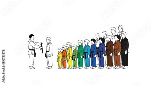 Martial arts belt ceremony: progression of students in colorful uniforms