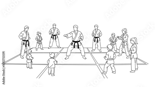 Karate class training: group of students and instructor in martial arts session