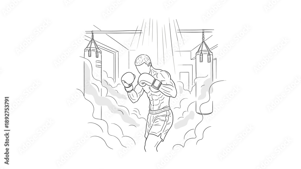 Obraz premium Boxer training in gym: dynamic line art depiction of an intense boxing session