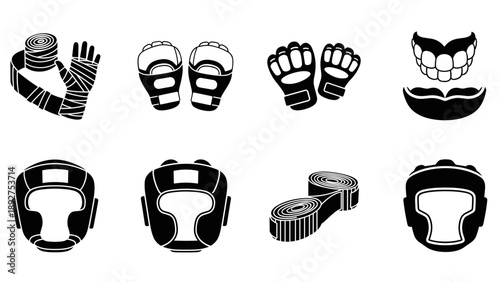 Martial arts gear collection: gloves, headgear, bandages, mouthguard in silhouette style