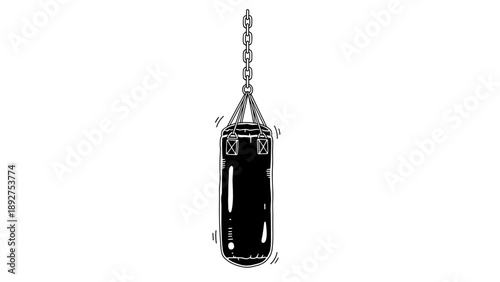 Black and white hanging punching bag with chain for boxing and fitness training