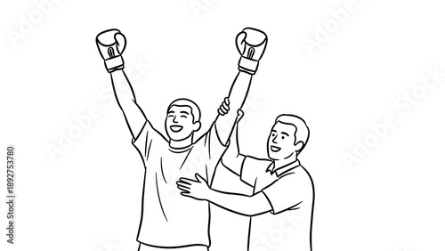 Linear drawing of a boxing victory celebration with raised arms