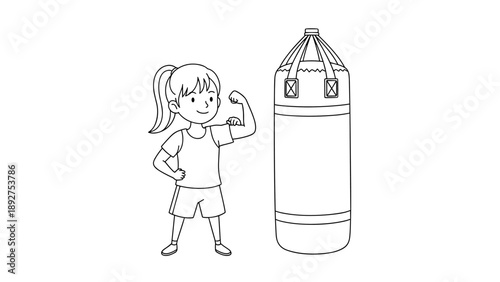 Line art of girl with punching bag: strength and fitness for kids