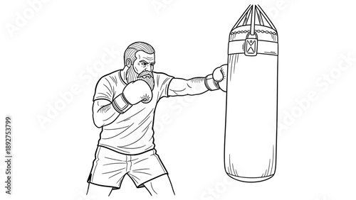 Boxer training with punching bag in dynamic line art design