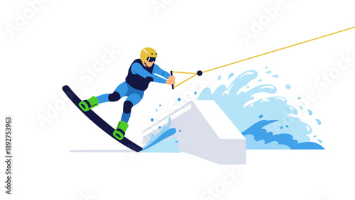 Dynamic wakeboarder performing tricks on water with splashing waves