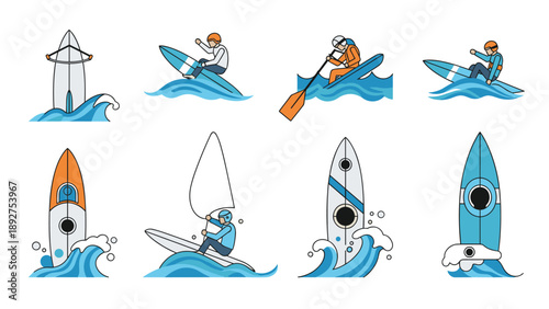 Energetic water sport adventurers: cartoon style surf and kayak icons