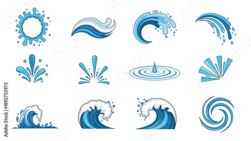 Collection of dynamic water splashes and waves in flat style