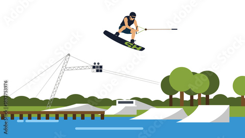Wakeboarding adventure: man jumping over aqua park obstacles