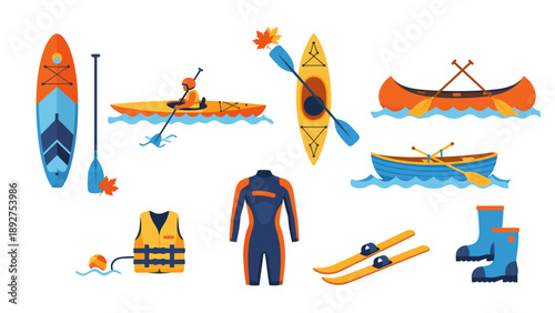 Colorful kayaking and canoeing equipment collection for water adventures
