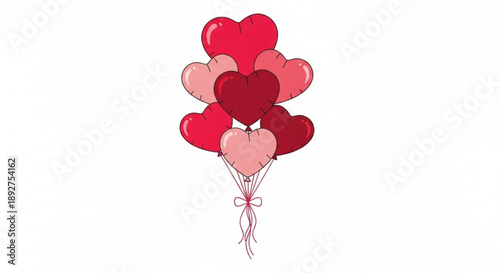 Cluster of Heart-Shaped Balloons Floating in Air, Tied with Ribbon, Valentine's Day Celebration, Illustration, White Space, Front View