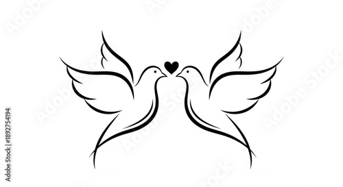 Two doves kissing with hearts, a symbol of love and peace, illustrated in a simple black line art style