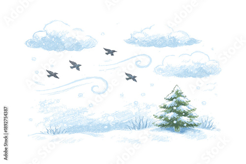 Whimsical winter scene with snowy evergreen and flying birds in sketchy style