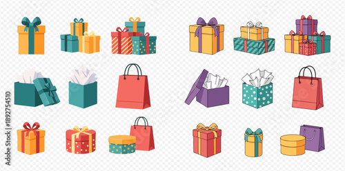 Set of colorful gift boxes and shopping bags for celebrations and holidays.