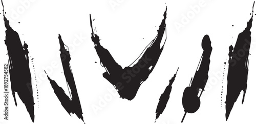 Brush set. Vector black paint brush spots, highlighter lines or felt-tip pen marker. Ink smudge abstract shape stains and smear set with texture