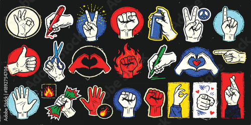 Vibrant retro pop art style vector sticker set of diverse hand gestures, expressing communication, emotion, and action with halftone textures.