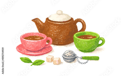 Textured tea set with cups and loose leaf infuser on white background